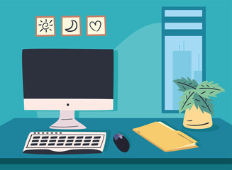 workplace desk with computer file and plant vector design