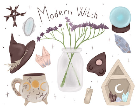 set of objects. Modern witch set. Witchcraft objects. Set of illustration.