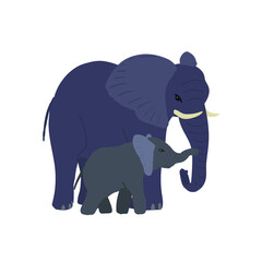 Vector illustration of a big elephant and baby elephant. Mom and son elephants hug. Dark gray elephant with fangs isolated on white