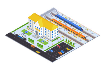 Railway station - modern vector colorful isometric illustration