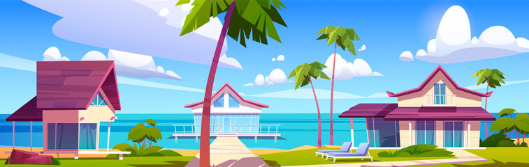 Modern bungalows on island resort beach, tropical summer landscape with houses on piles with terrace, palm trees and ocean view. Wooden private villas, hotel or cottages, Cartoon vector illustration