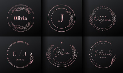 Luxury logo design collection. Rose gold emblems with initials and floral decorative for branding logo, corporate identity and wedding monogram design.