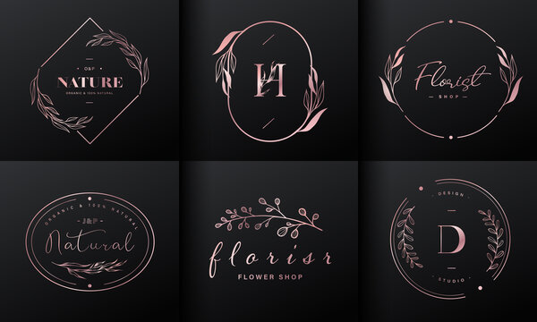 Luxury logo design collection. Rose gold emblems with initials and floral decorative for branding logo, corporate identity and wedding monogram design.