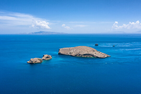 Aerial view of islets in ocean by Lambu beach, Bima, West Nusa Tenggara, Indonesia