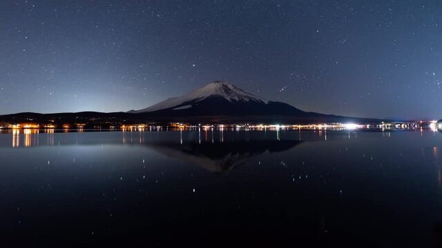 湖に反射する満天の星空と冠雪した富士山のタイムラプス映像（逆回転・ズームイン）