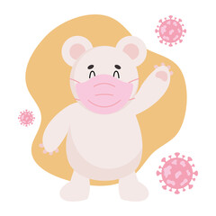 cute rabbit with face mask and coronavirus virus around, colorful design