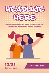 Two girls taking selfie on smartphone. Friend, phone, photo flat vector illustration. Friendship and digital technology concept for banner, website design or landing web page
