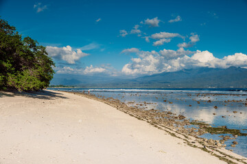 Holiday beach and ocean at low tide in tropics.