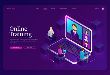 Online training banner. Digital service for internet education, distance study. Vector landing page of elearning with isometric laptop with teacher on screen and learning people