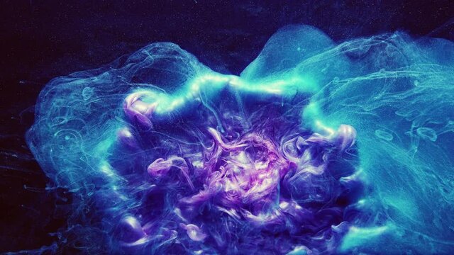 Paint splash. Color blast in water. Galaxy explosion. Futuristic dimensional portal. Glowing fluorescent blue purple glitter fluid drop spreading motion abstract stardust background.