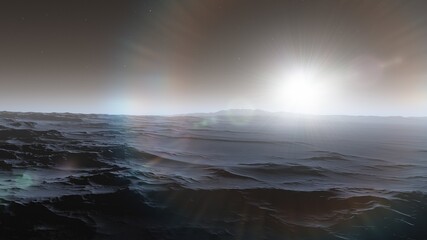 realistic surface of an alien planet, view from the surface of an exo-planet, canyons on an alien planet, stone planet, desert planet 3d render