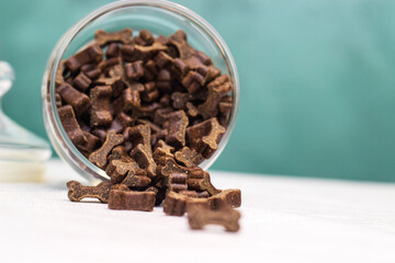 Dog treats spilling out of bowl. Dog treats and biscuits
