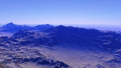 Obraz na płótnie Canvas realistic surface of an alien planet, view from the surface of an exo-planet, canyons on an alien planet, stone planet, desert planet 3d render