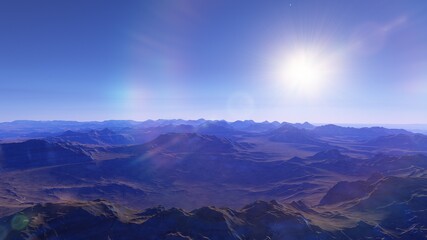 Naklejka na ściany i meble realistic surface of an alien planet, view from the surface of an exo-planet, canyons on an alien planet, stone planet, desert planet 3d render