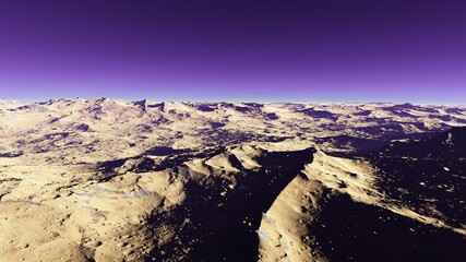 realistic surface of an alien planet, view from the surface of an exo-planet, canyons on an alien planet, stone planet, desert planet 3d render