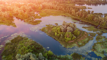 amazing spring (summer) landscape. aerial view of green  forest and blue river. drone shot