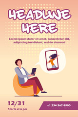 Young guy sitting in chair and chatting with girl. Smartphone, date, friend flat vector illustration. Communication and digital technology concept for banner, website design or landing web page