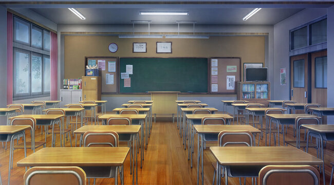 Classroom - Overcast And Turn On The Light , 2D Anime Background , Illustration.