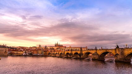View of Prague historical center with the castle,Hradcany and Vltava.