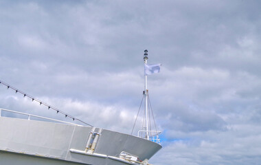 View over open outdoor deck of classic cruiseship or cruise ship liner at sea