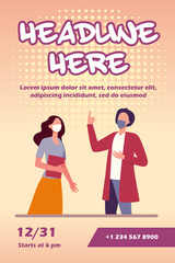 Man and woman talking and wearing masks. Protection, face, distance flat vector illustration. Pandemic and virus concept for banner, website design or landing web page