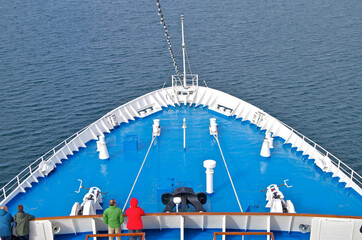 View over open outdoor deck of classic cruiseship or cruise ship liner at sea
