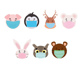 icon set of cartoon animals with face masks, colorful design
