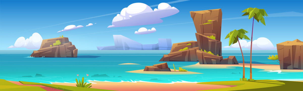 Sea beach, rock islands in water and clouds in blue sky. Vector cartoon summer landscape of ocean shore, mountains, green grass and palm trees on sand beach. Seascape panorama Stock Vector | Sea beach, rock islands in water and clouds in blue sky. Vector cartoon summer landscape of ocean shore, mountains, green grass and palm trees on sand beach. Seascape panorama Stock Vector |