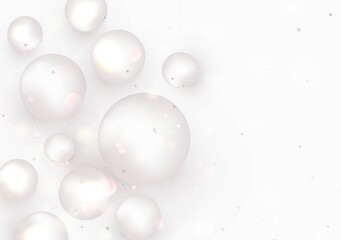 Minimalistic abstract horizontal background with white spheres, 3d balls,bokeh,particles.Geometric banner for mockup,social network greeting card, invitation, sales promotional. Realistic vector.