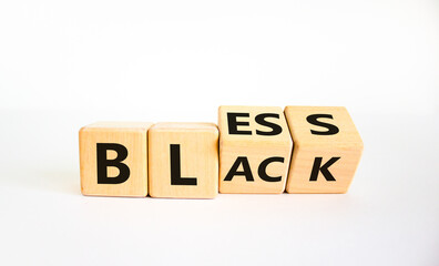 Bless black symbol. Turned a cube and changed the word 'black' to 'bless'. Beautiful white background. Bless black concept. Copy space.