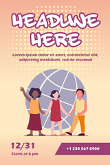 Multiethnic kids holding hands. Globe in background. World, multinational, friend flat vector illustration. Diversity and nations concept for banner, website design or landing web page