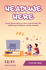 Happy people sitting on floor and listening music channel. TV, home, friend flat vector illustration. Leisure and entertainment concept for banner, website design or landing web page