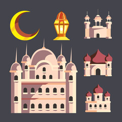 Ramadan mosques collection moon and lantern vector design