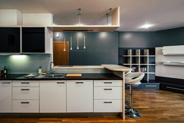 Contemporary interior of kitchen in luxury flat. 