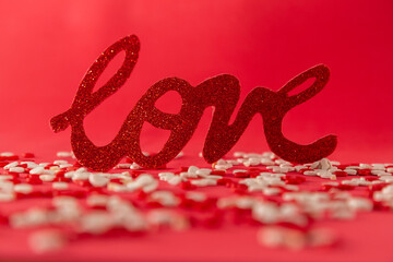 word love on a red background valentines day