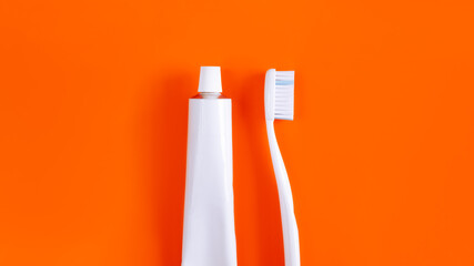 Dental hygiene objects: toothbrush and toothpaste. White generic accessories for keeping teeth...