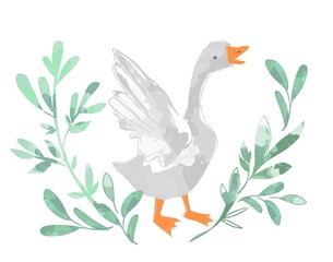 Hand drawn cute goose and leaves vector illustration bird. Drawing for children. Cartoon farm bird