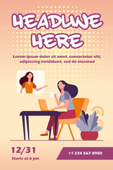 Woman using laptop and talking to friend. Video call, speech bubble, tea cup flat vector illustration. Communication, online video chat concept for banner, website design or landing web page