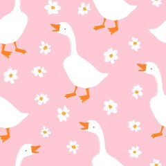 Seamless pattern hand drawn cute goose vector illustration farm bird