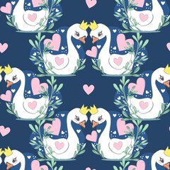 Cute Swan and heart vector pattern seamless, design fabric print