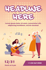 Senior couple dancing at family party. Young woman playing guitar, granddaughter applauding flat vector illustration. Family meeting concept for banner, website design or landing web page