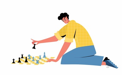 Chess game. Trendy flat illustration. People play chess. Chess pieces.