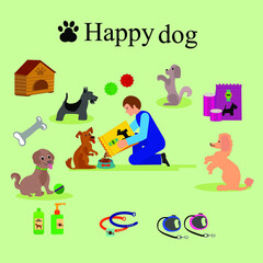 Dog products and accessories for pet . toys, food, collars, combs for pets.Teenage boy giving food to his puppy, dog, cartoon vector illustration on white background.