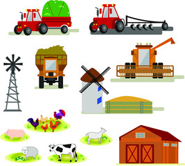 Obraz na płótnie Canvas Illustration of the process of growing and harvesting crops. Equipment for agriculture. Vector set of agricultural vehicles and farm machines. Tractors, harvesters, combines.