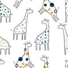 Vector hand-drawn colored childish seamless repeating simple pattern with cute giraffes in scandinavian style on a white background. Cute baby animals. Pattern for kids with giraffes. Kids design.