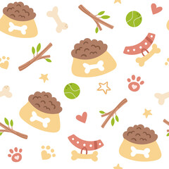Dog kids seamless pattern, puppy or pets accessories and paw print digital paper, vector seamless background with cute cartoon toys for nursery textile, scrapbook, wrapping