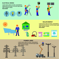 Energy, electricity, power icons in colors
Flat icons set of repairmen electricians handymen figures and electric equipments isolated vector illustration