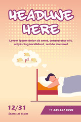Man lying in bed and counting sheep. Relaxation, animal, night flat vector illustration. Sleeping and insomnia concept for banner, website design or landing web page