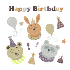 Obraz na płótnie Canvas Birthday Collection of Bear, Rabbit and Panda. Cute animals, balloons, crown, and stars. Children's set for postcards, invitations or stickers