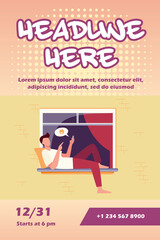 Young man lying on window and chatting via phone. Smartphone, social media, guy flat vector illustration. Communication and digital technology concept for banner, website design or landing web page